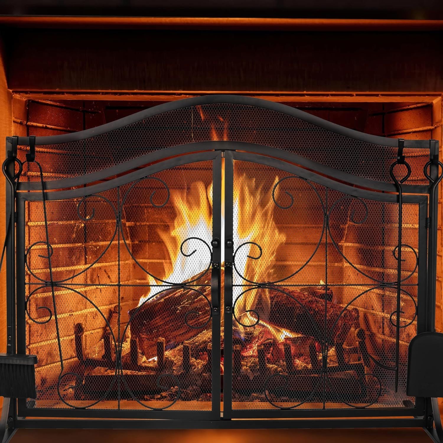 Fireplace Screen,  Metal Fire Place Cover Two-Doors Large Flat Guard Screens, Baby Safe Spark Guard Protector Wood Burni image 5