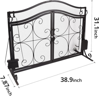 Fireplace Screen,  Metal Fire Place Cover Two-Doors Large Flat Guard Screens, Baby Safe Spark Guard Protector Wood Burni image 2