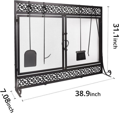 Fireplace Screen,  Metal Fire Place Cover Two-Doors Large Flat Guard Screens, Baby Safe Spark Guard Protector Wood Burni image 9