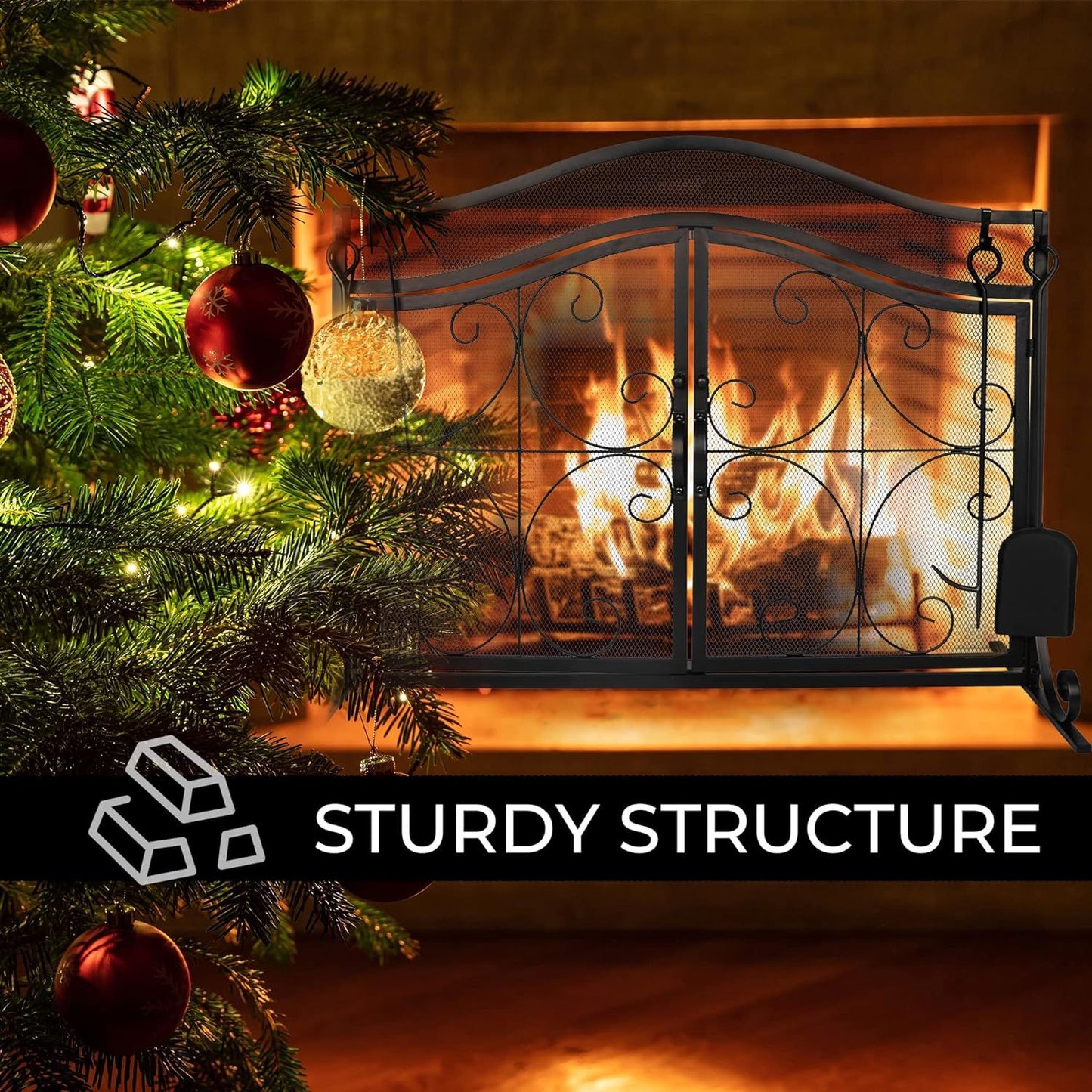 Fireplace Screen,  Metal Fire Place Cover Two-Doors Large Flat Guard Screens, Baby Safe Spark Guard Protector Wood Burni image 4