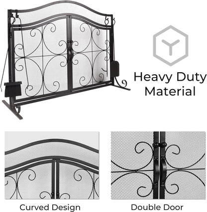 Fireplace Screen,  Metal Fire Place Cover Two-Doors Large Flat Guard Screens, Baby Safe Spark Guard Protector Wood Burni image 3