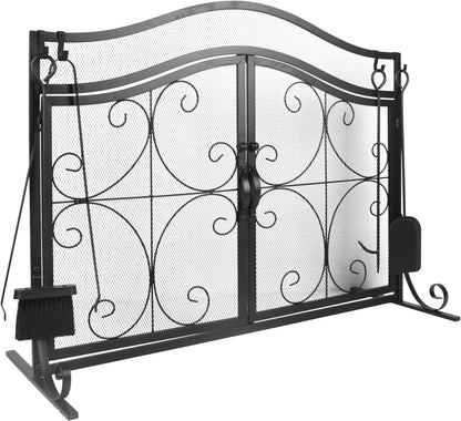 Fireplace Screen,  Metal Fire Place Cover Two-Doors Large Flat Guard Screens, Baby Safe Spark Guard Protector Wood Burni image 1