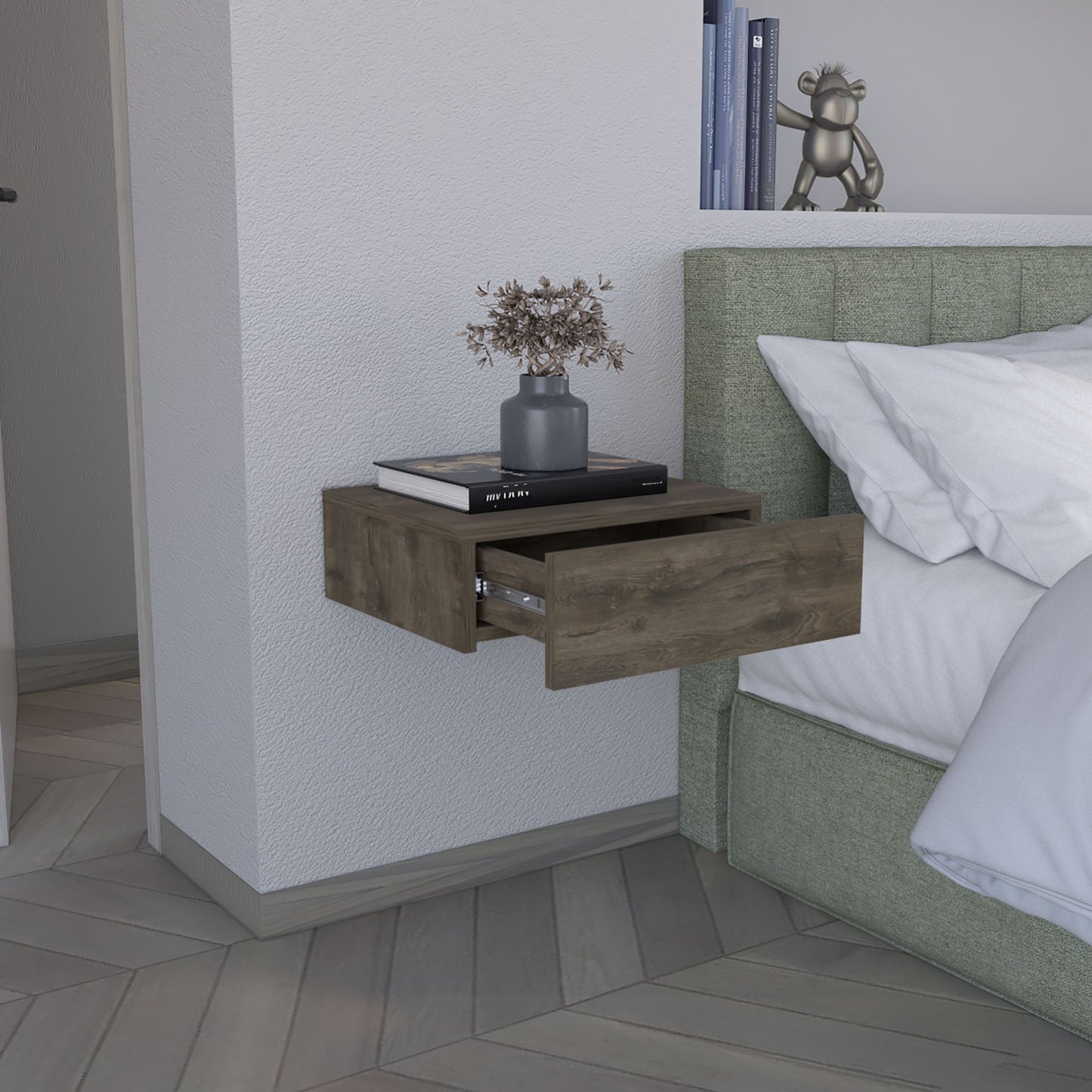 Floating Nightstand 5"H, Modern Wall-Mounted Bedside Shelf with Drawer, Dark Brown image 3
