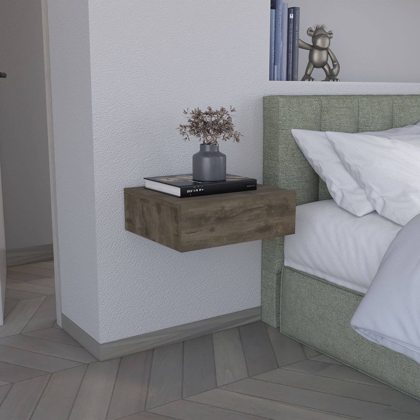 Floating Nightstand 5"H, Modern Wall-Mounted Bedside Shelf with Drawer, Dark Brown image 1