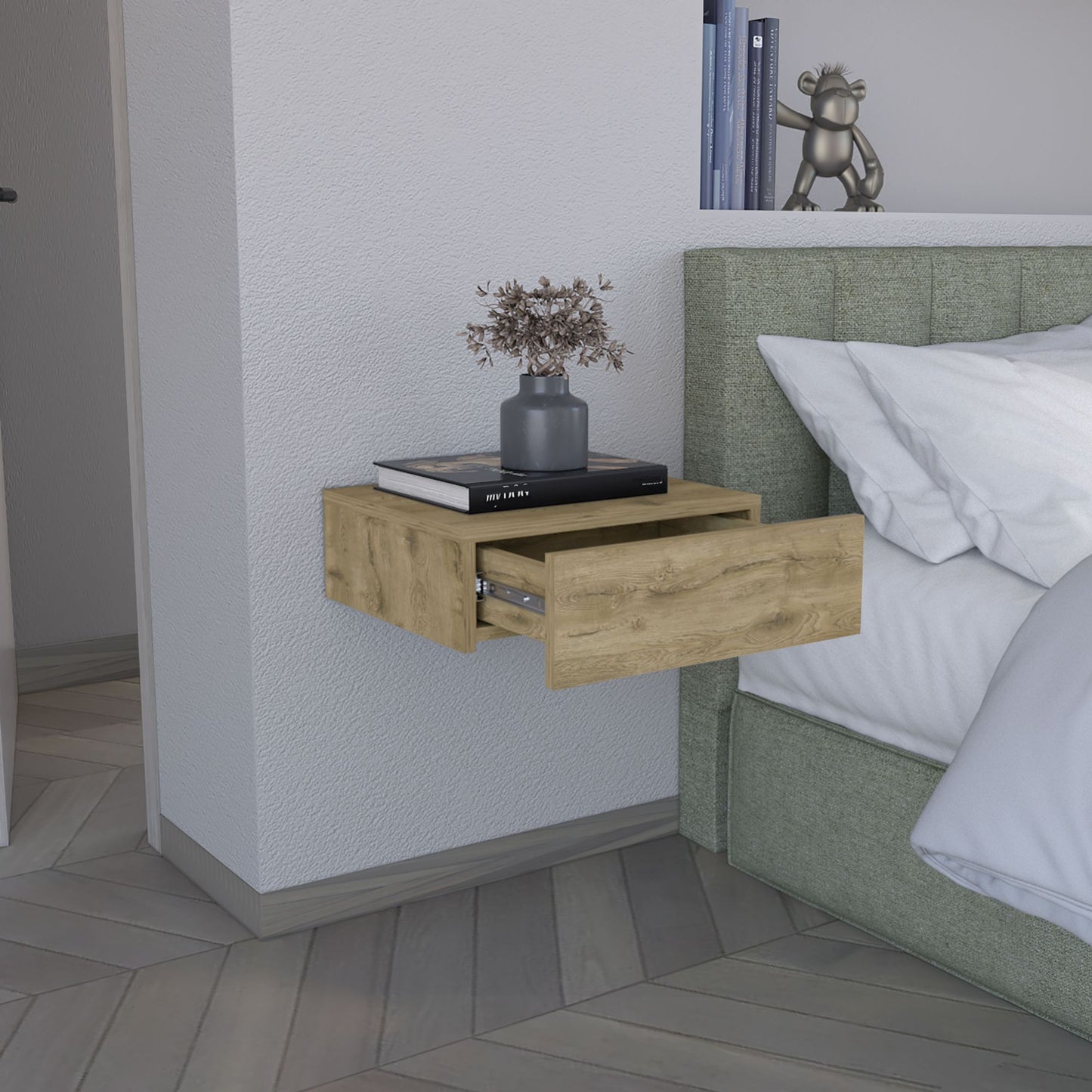 Floating Nightstand 5"H, Modern Wall-Mounted Bedside Shelf with Drawer, Macadamia image 3