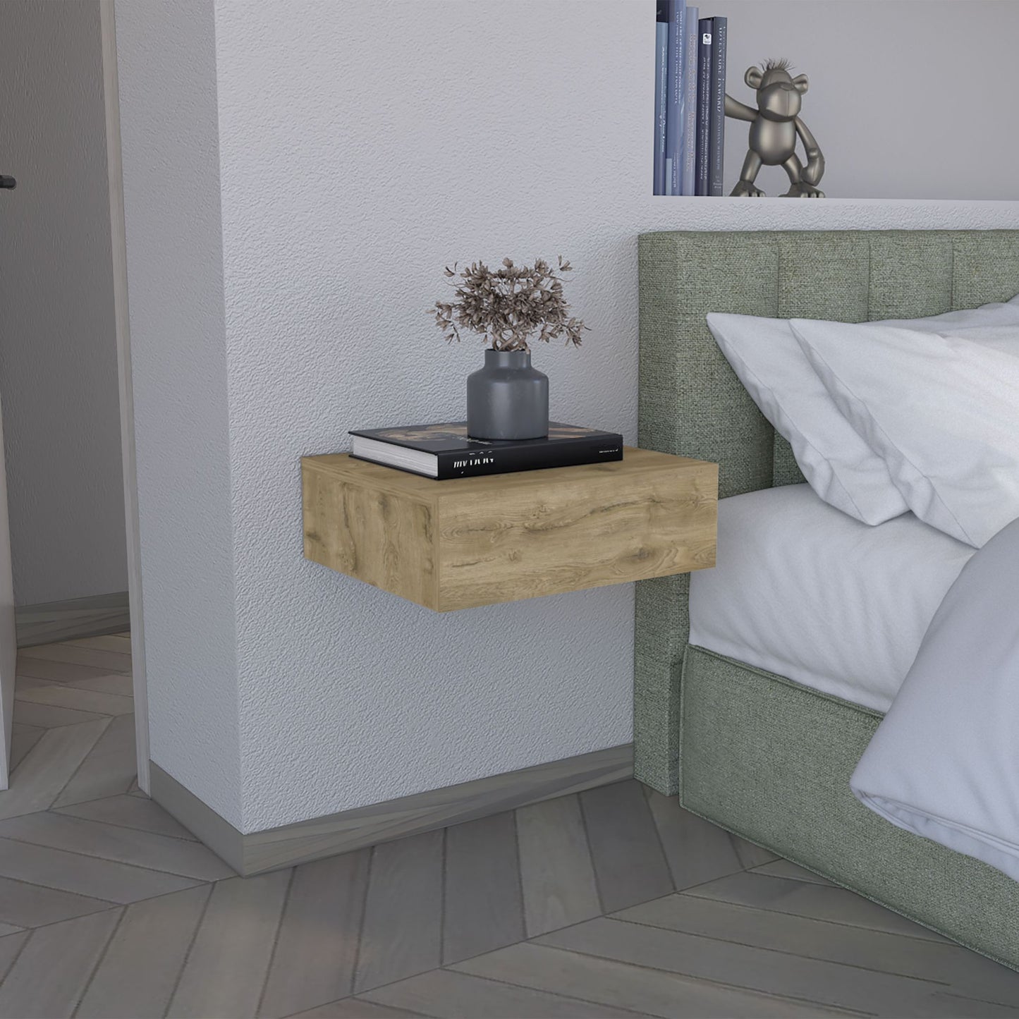 Floating Nightstand 5"H, Modern Wall-Mounted Bedside Shelf with Drawer, Macadamia image 1