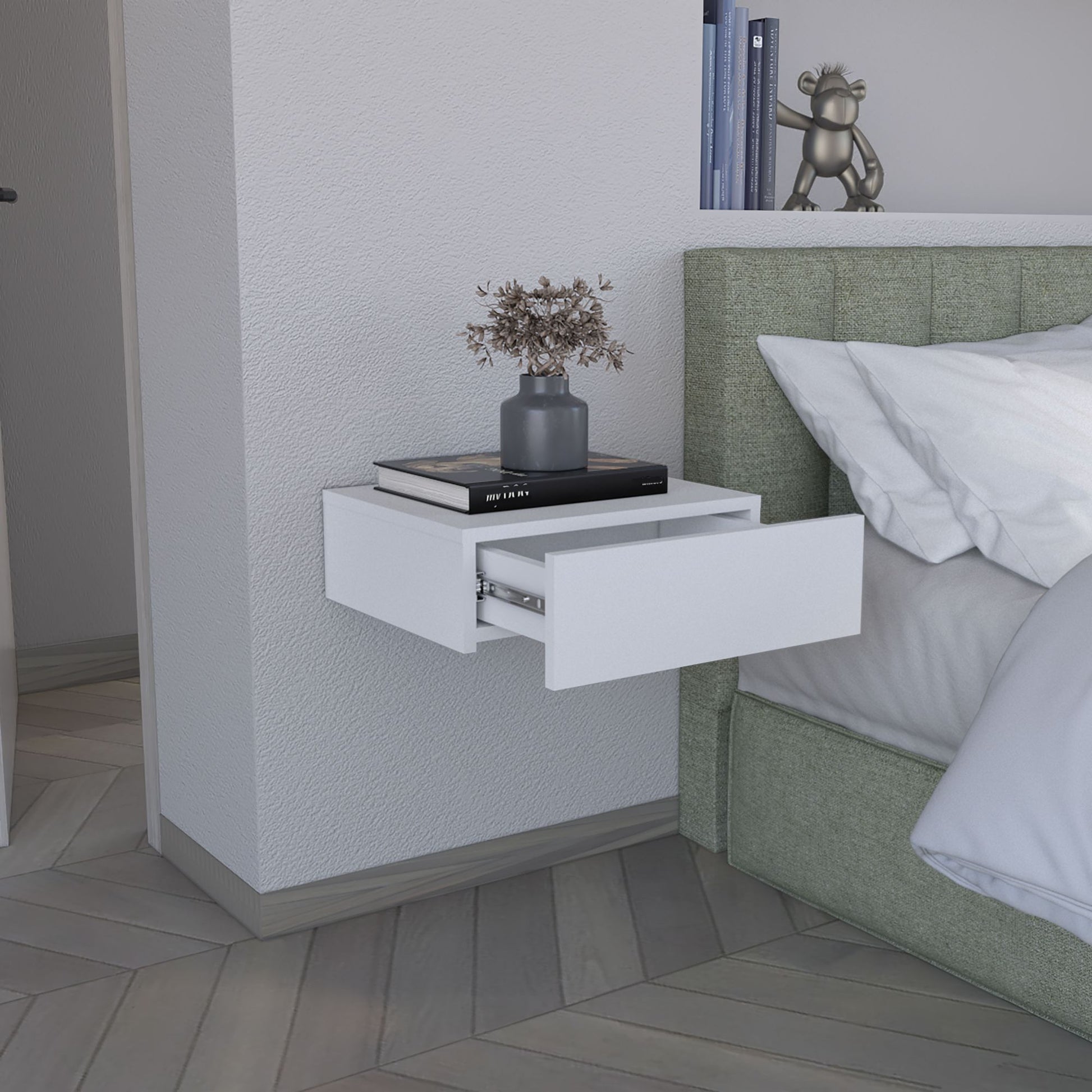 Floating Nightstand 5"H, Modern Wall-Mounted Bedside Shelf with Drawer, White image 3