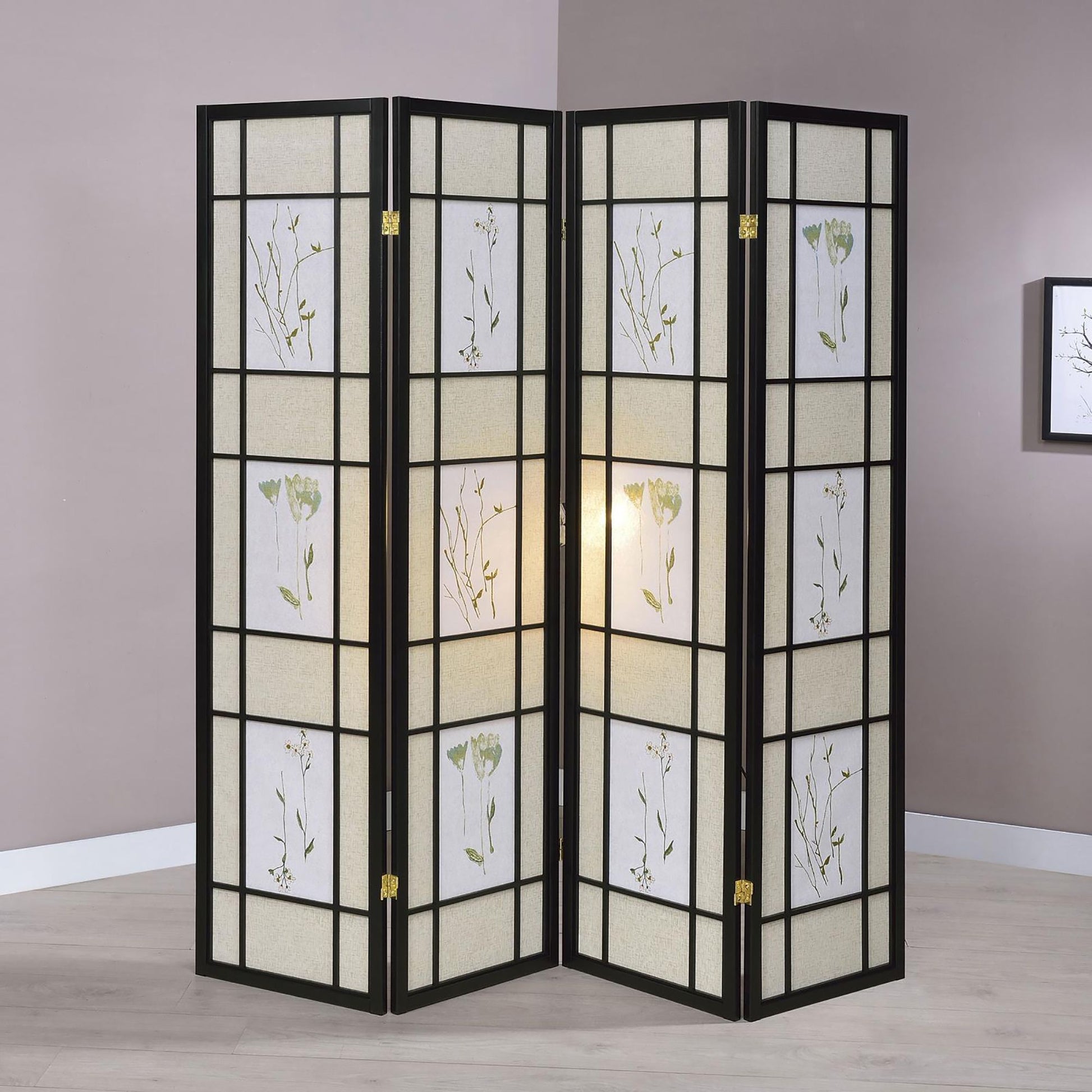 Floral and Black 4-Panel Folding Screen with Floral Motif image 1