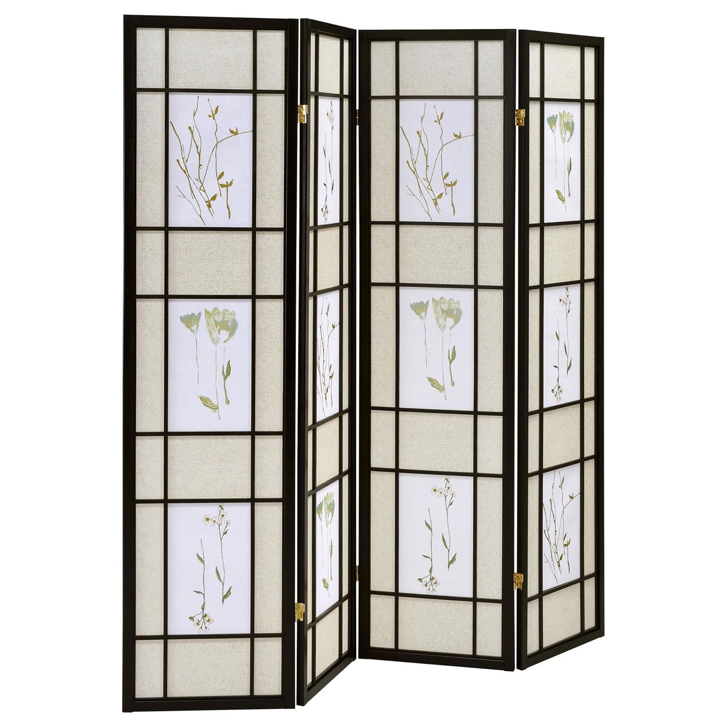 Floral and Black 4-Panel Folding Screen with Floral Motif image 2
