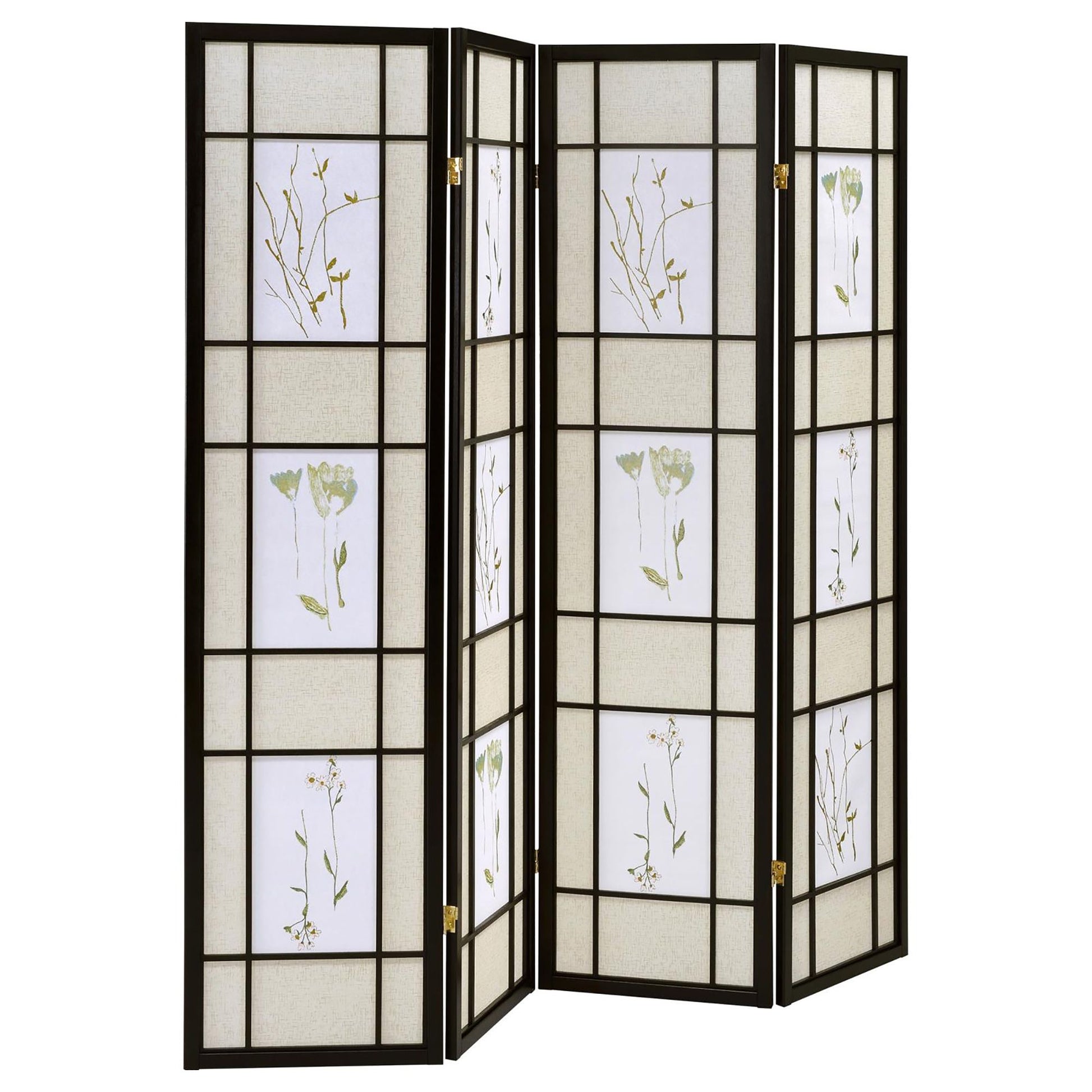 Floral and Black 4-Panel Folding Screen with Floral Motif image 2