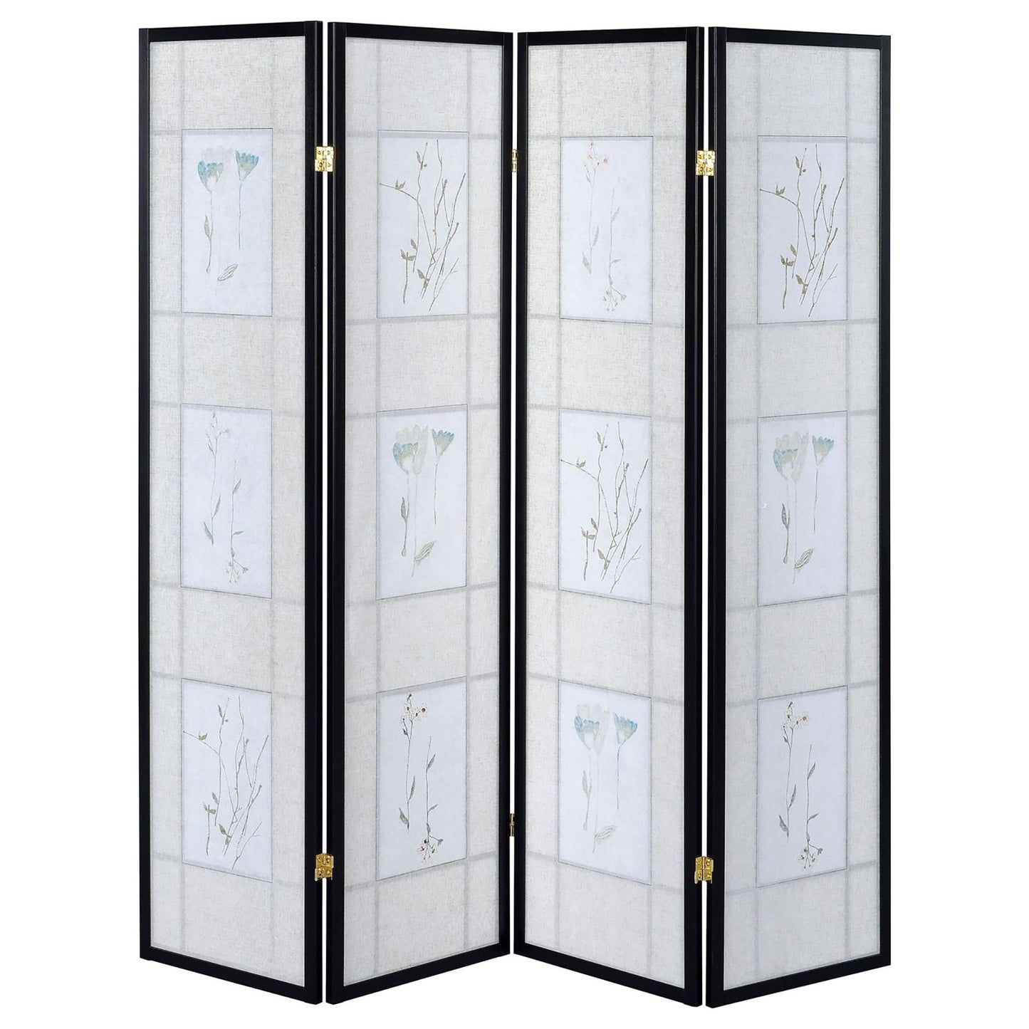 Floral and Black 4-Panel Folding Screen with Floral Motif image 5