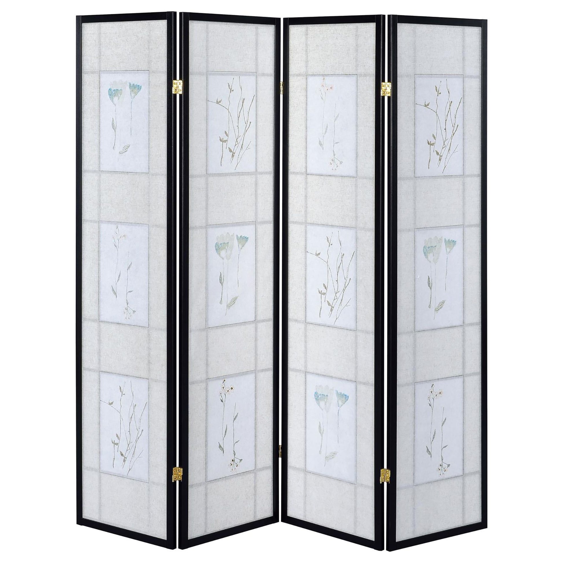 Floral and Black 4-Panel Folding Screen with Floral Motif image 5