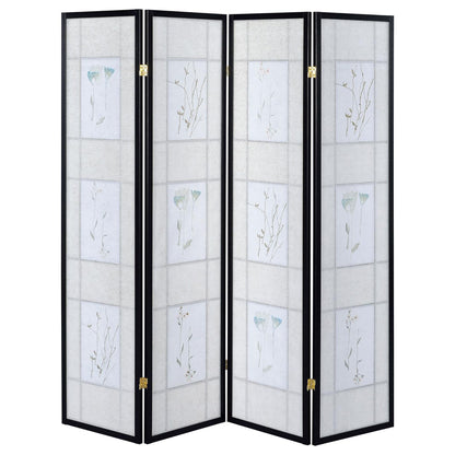 Floral and Black 4-Panel Folding Screen with Floral Motif image 5