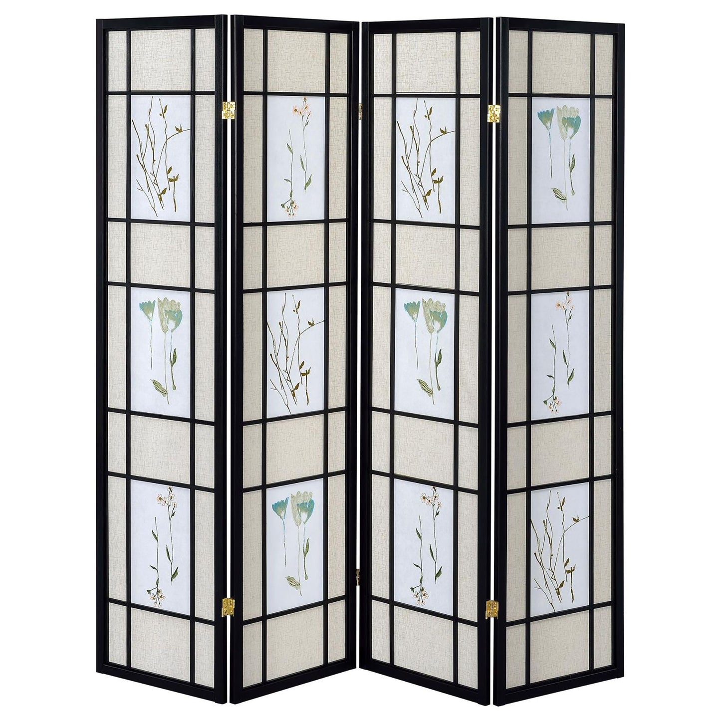 Floral and Black 4-Panel Folding Screen with Floral Motif image 3