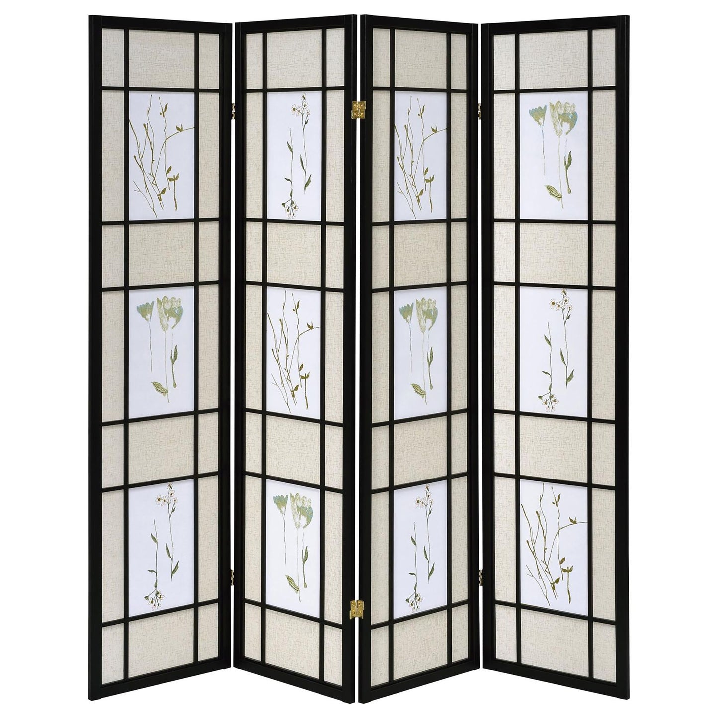Floral and Black 4-Panel Folding Screen with Floral Motif image 4