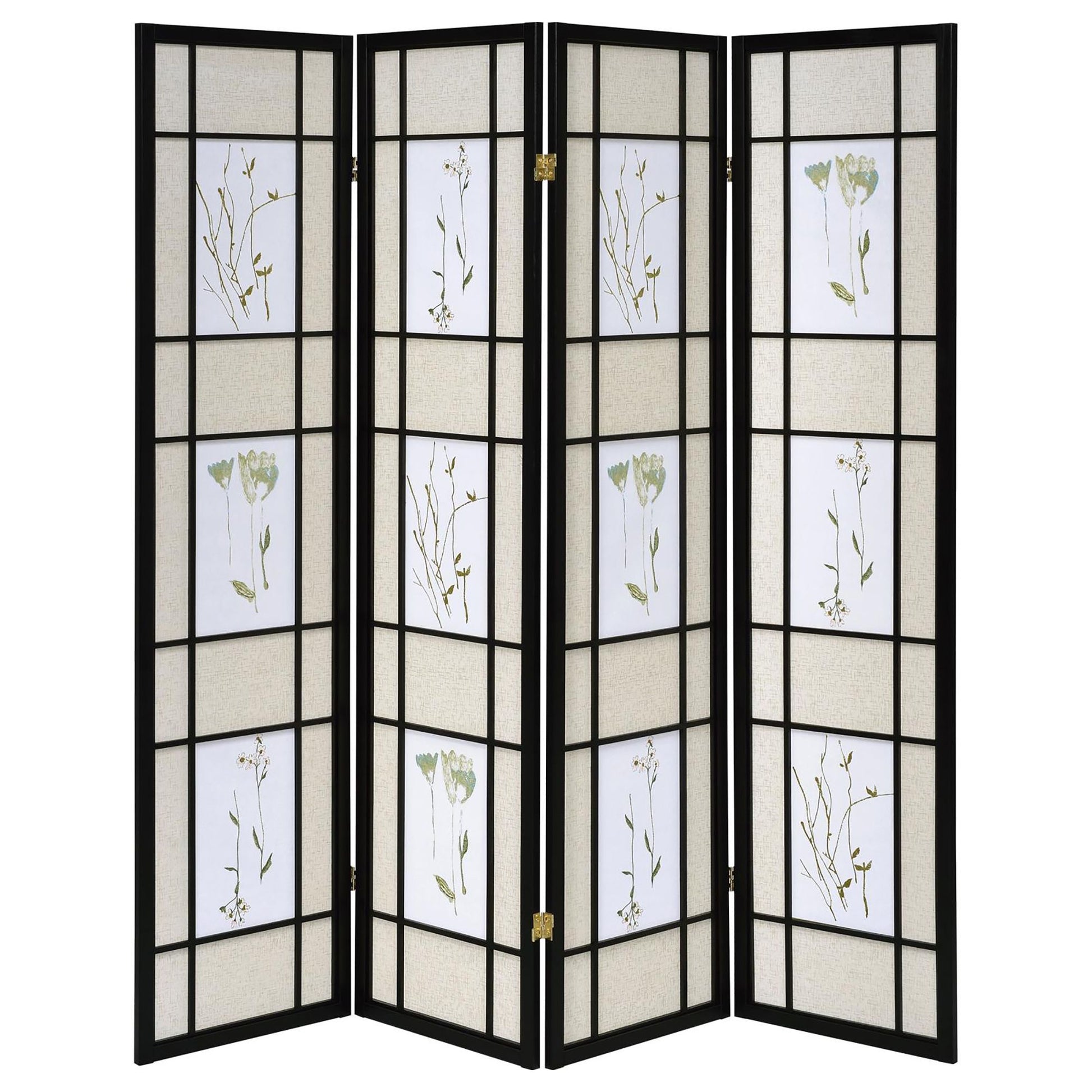 Floral and Black 4-Panel Folding Screen with Floral Motif image 4