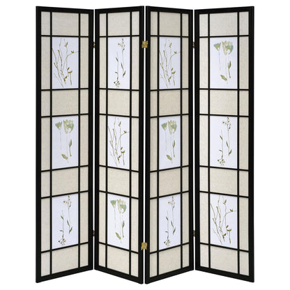 Floral and Black 4-Panel Folding Screen with Floral Motif image 4