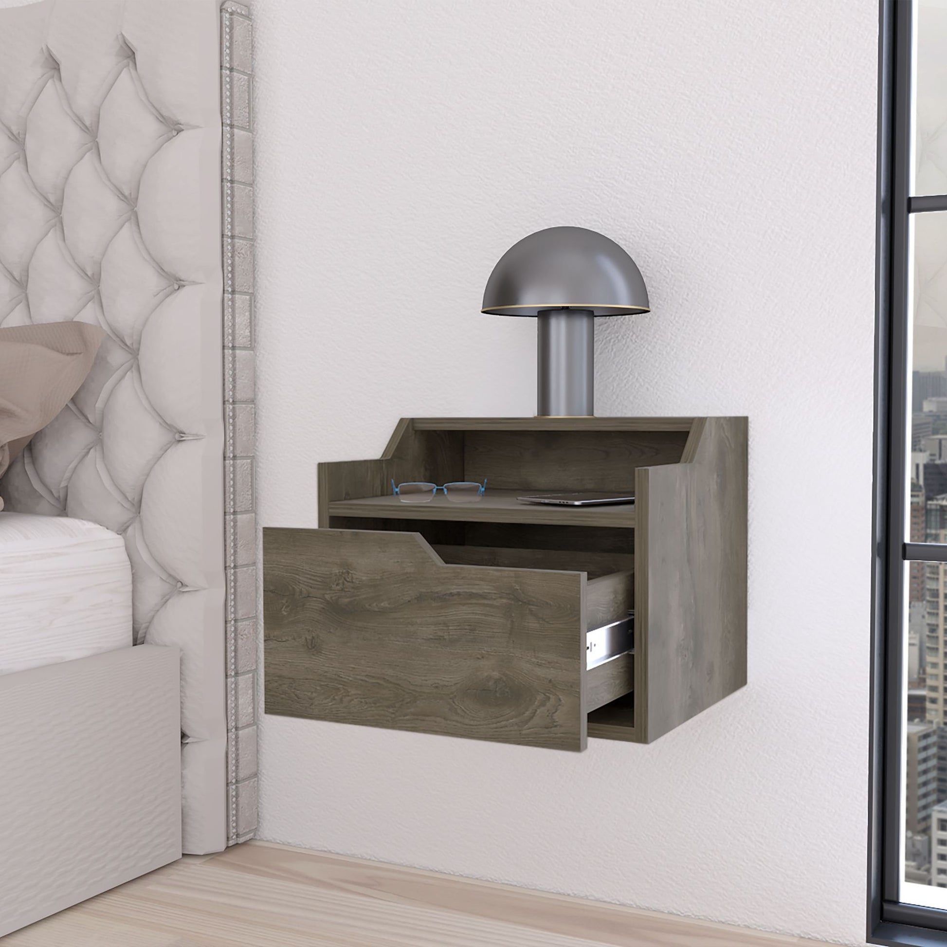 Florence Floating Nightstand with Drawer and Dual-Shelf Display image 5