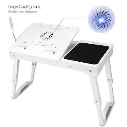 Foldable Laptop Table Bed Notebook Desk with Cooling Fan Mouse Board LED light 4 xUSB Ports Breakfast Snacking Tray image 6