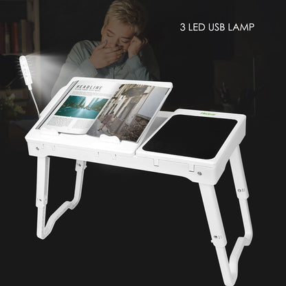 Foldable Laptop Table Bed Notebook Desk with Cooling Fan Mouse Board LED light 4 xUSB Ports Breakfast Snacking Tray image 7