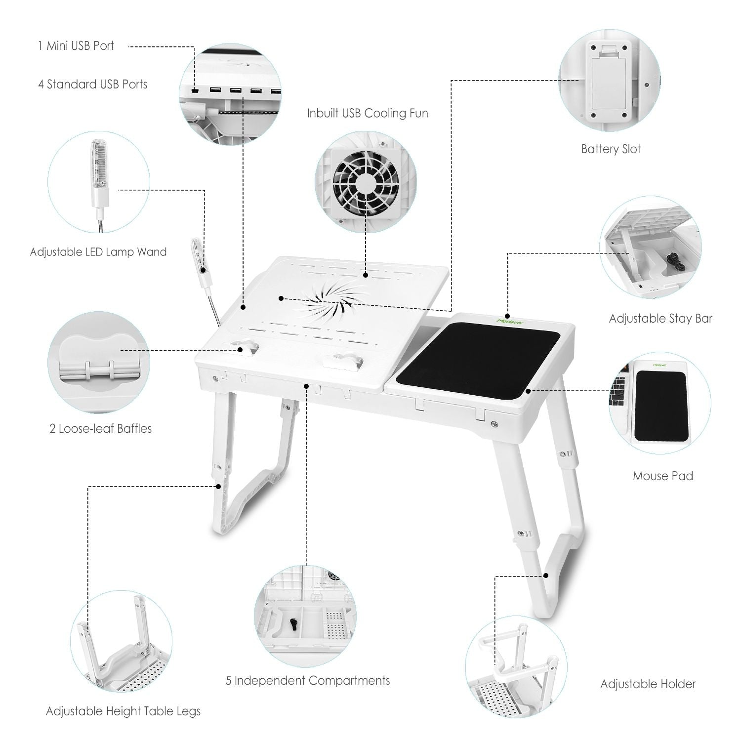 Foldable Laptop Table Bed Notebook Desk with Cooling Fan Mouse Board LED light 4 xUSB Ports Breakfast Snacking Tray image 10