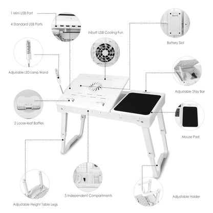 Foldable Laptop Table Bed Notebook Desk with Cooling Fan Mouse Board LED light 4 xUSB Ports Breakfast Snacking Tray image 10