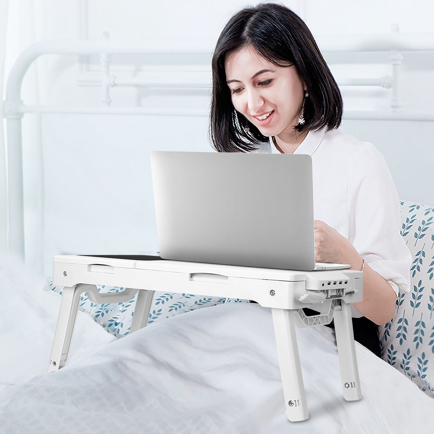 Foldable Laptop Table Bed Notebook Desk with Cooling Fan Mouse Board LED light 4 xUSB Ports Breakfast Snacking Tray image 4