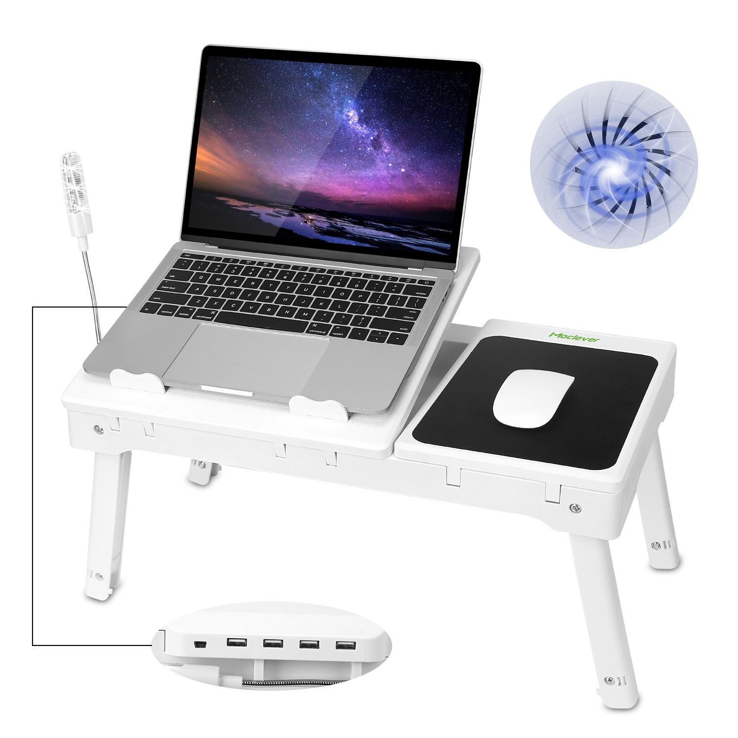 Foldable Laptop Table Bed Notebook Desk with Cooling Fan Mouse Board LED light 4 xUSB Ports Breakfast Snacking Tray image 3