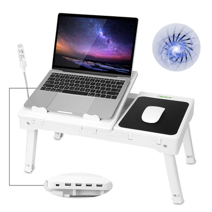 Foldable Laptop Table Bed Notebook Desk with Cooling Fan Mouse Board LED light 4 xUSB Ports Breakfast Snacking Tray image 3