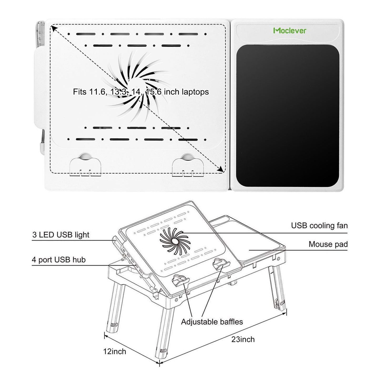 Foldable Laptop Table Bed Notebook Desk with Cooling Fan Mouse Board LED light 4 xUSB Ports Breakfast Snacking Tray image 5