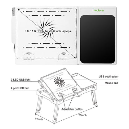 Foldable Laptop Table Bed Notebook Desk with Cooling Fan Mouse Board LED light 4 xUSB Ports Breakfast Snacking Tray image 5