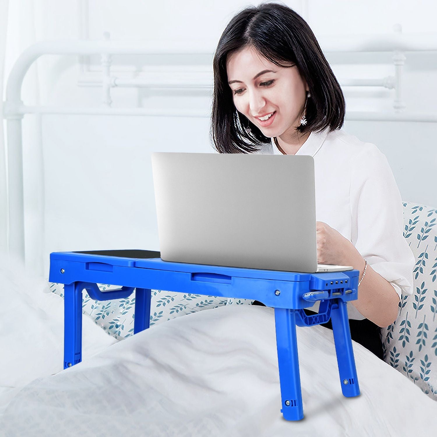 Foldable Laptop Table Bed Notebook Desk with Cooling Fan Mouse Board LED light 4 xUSB Ports Breakfast Snacking Tray image 2
