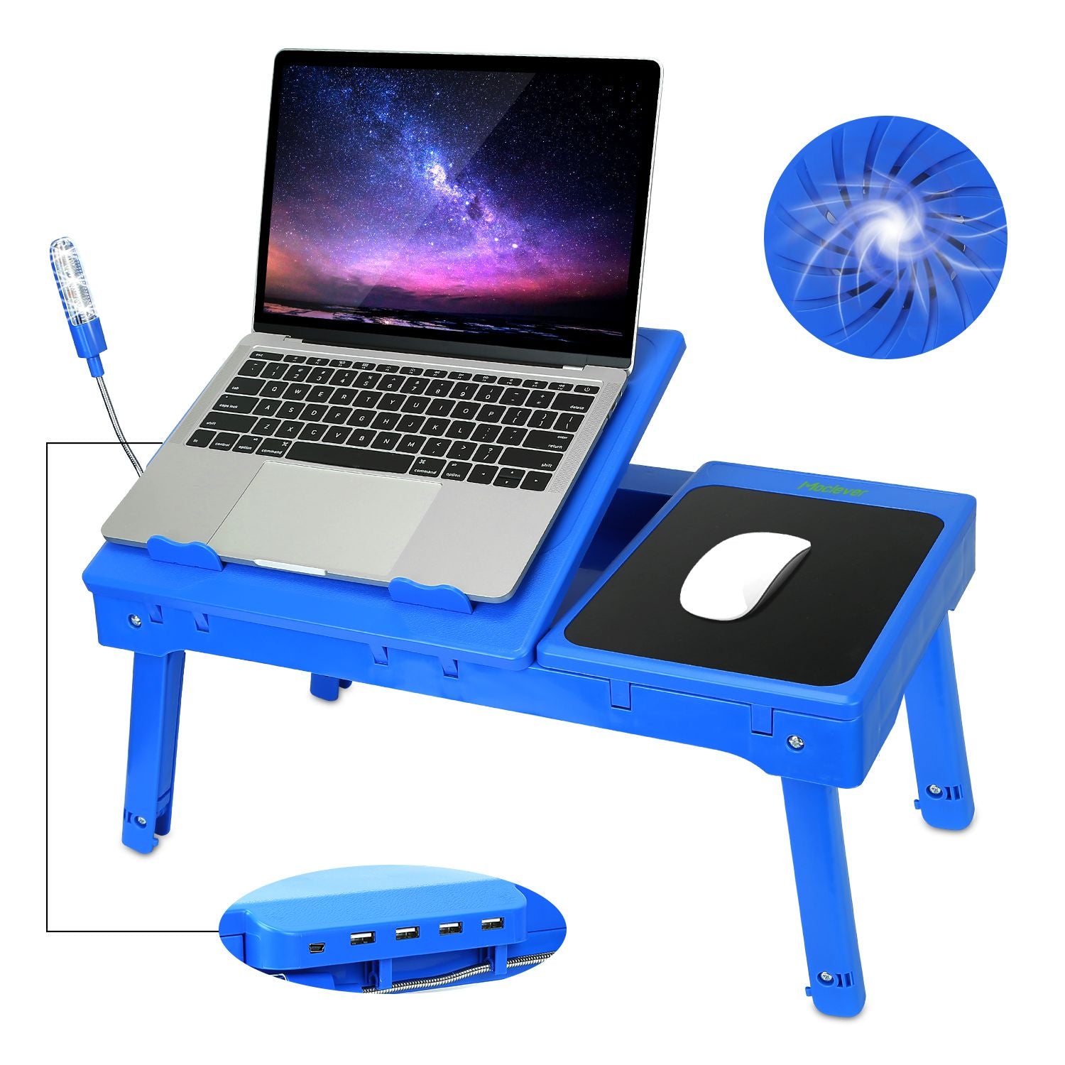 Foldable Laptop Table Bed Notebook Desk with Cooling Fan Mouse Board LED light 4 xUSB Ports Breakfast Snacking Tray image 1