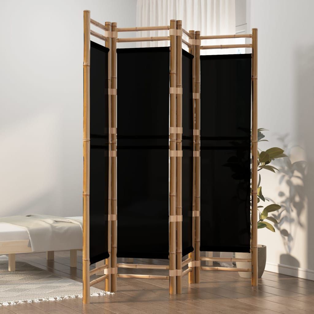 Folding 4-panel bamboo room divider black canvas front view