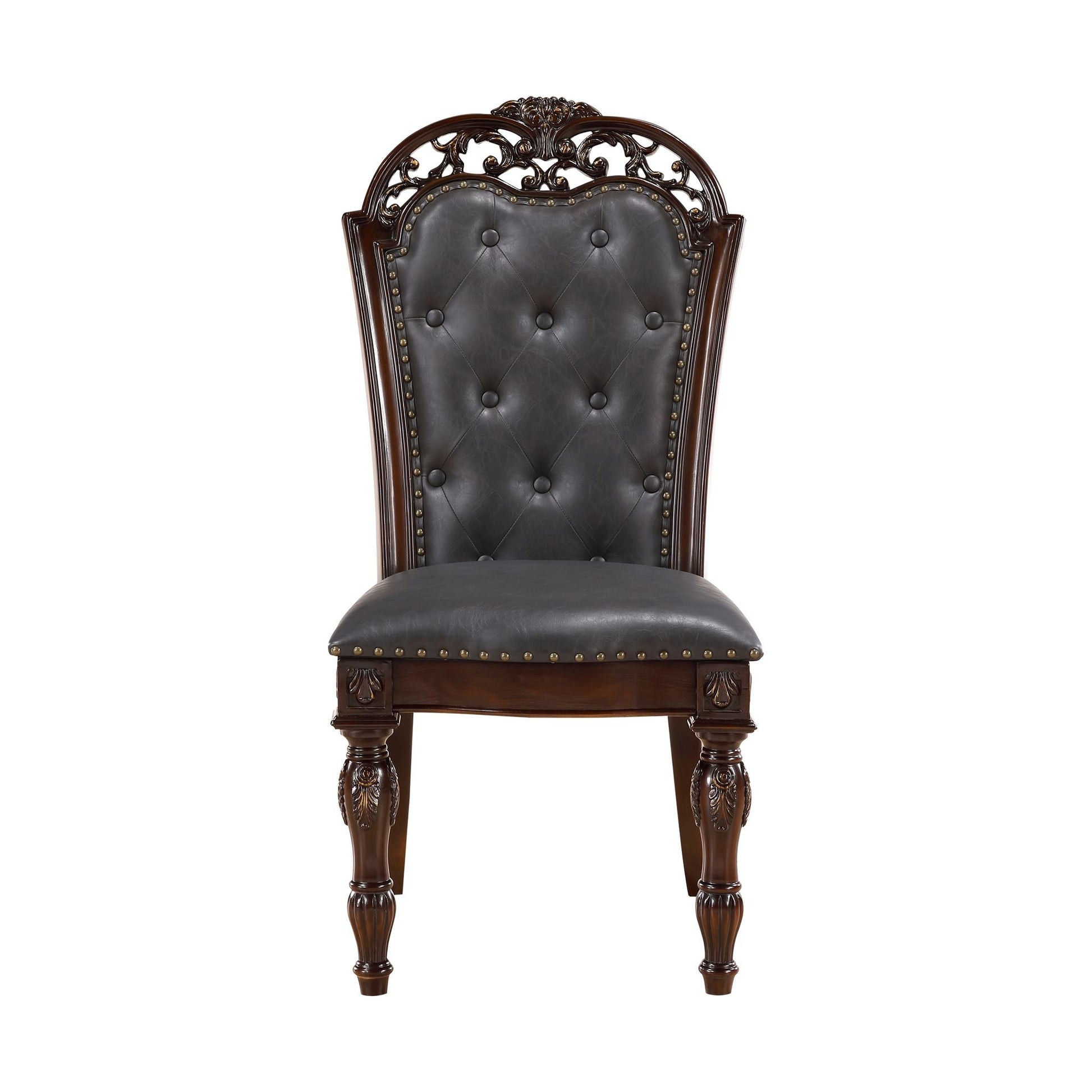 Formal Dining Chairs Set of 2 Cherry Finish Button-Tufted Faux Leather Upholstered Traditional Dining Room Furniture Ele image 1