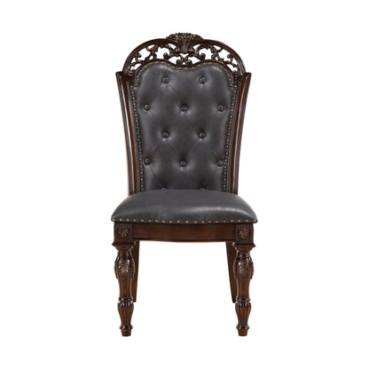 Formal Dining Chairs Set of 2 Cherry Finish Button-Tufted Faux Leather Upholstered Traditional Dining Room Furniture Ele image 1