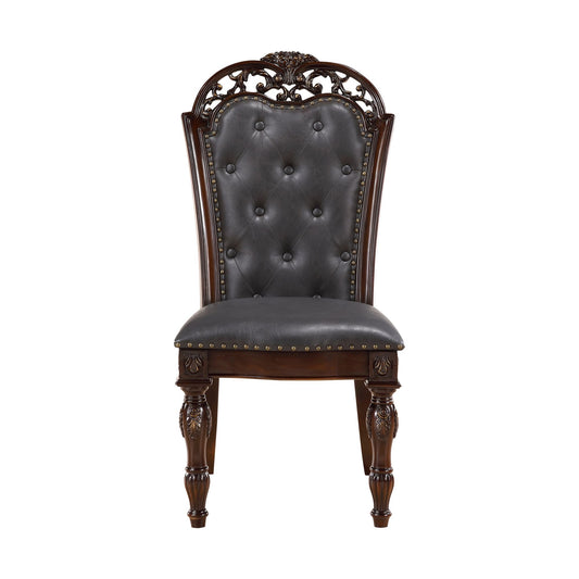 Formal Dining Chairs Set of 2 Cherry Finish Button-Tufted Faux Leather Upholstered Traditional Dining Room Furniture Ele image 1