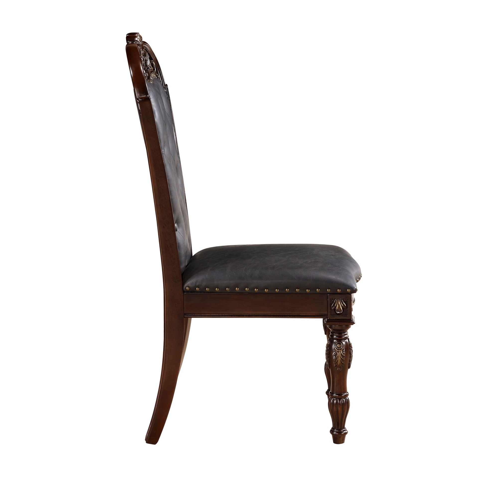Formal Dining Chairs Set of 2 Cherry Finish Button-Tufted Faux Leather Upholstered Traditional Dining Room Furniture Ele image 5
