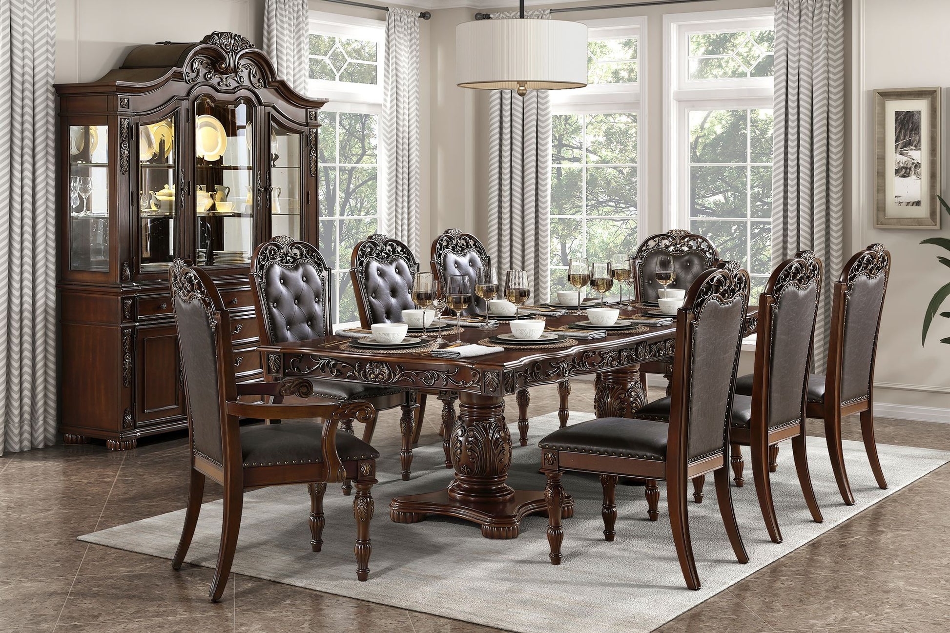 Formal Dining Chairs Set of 2 Cherry Finish Button-Tufted Faux Leather Upholstered Traditional Dining Room Furniture Ele image 7