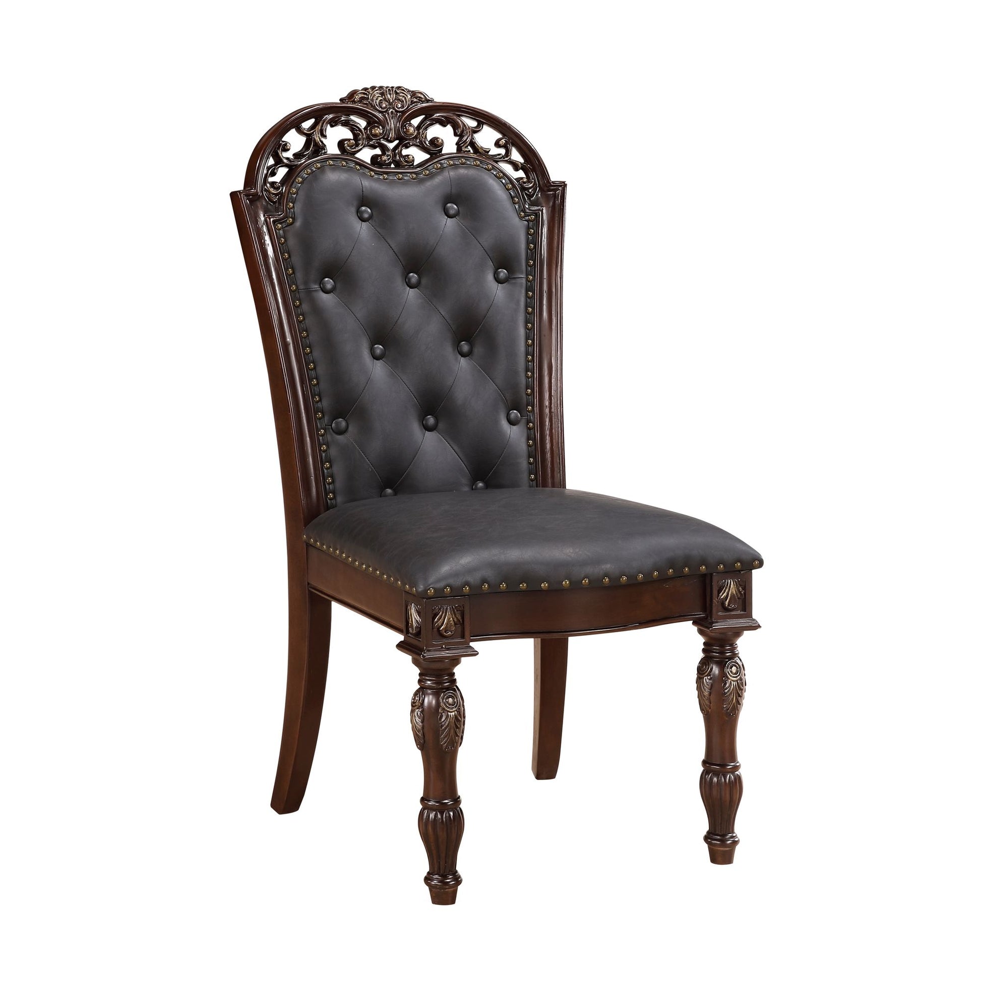 Formal Dining Chairs Set of 2 Cherry Finish Button-Tufted Faux Leather Upholstered Traditional Dining Room Furniture Ele image 3