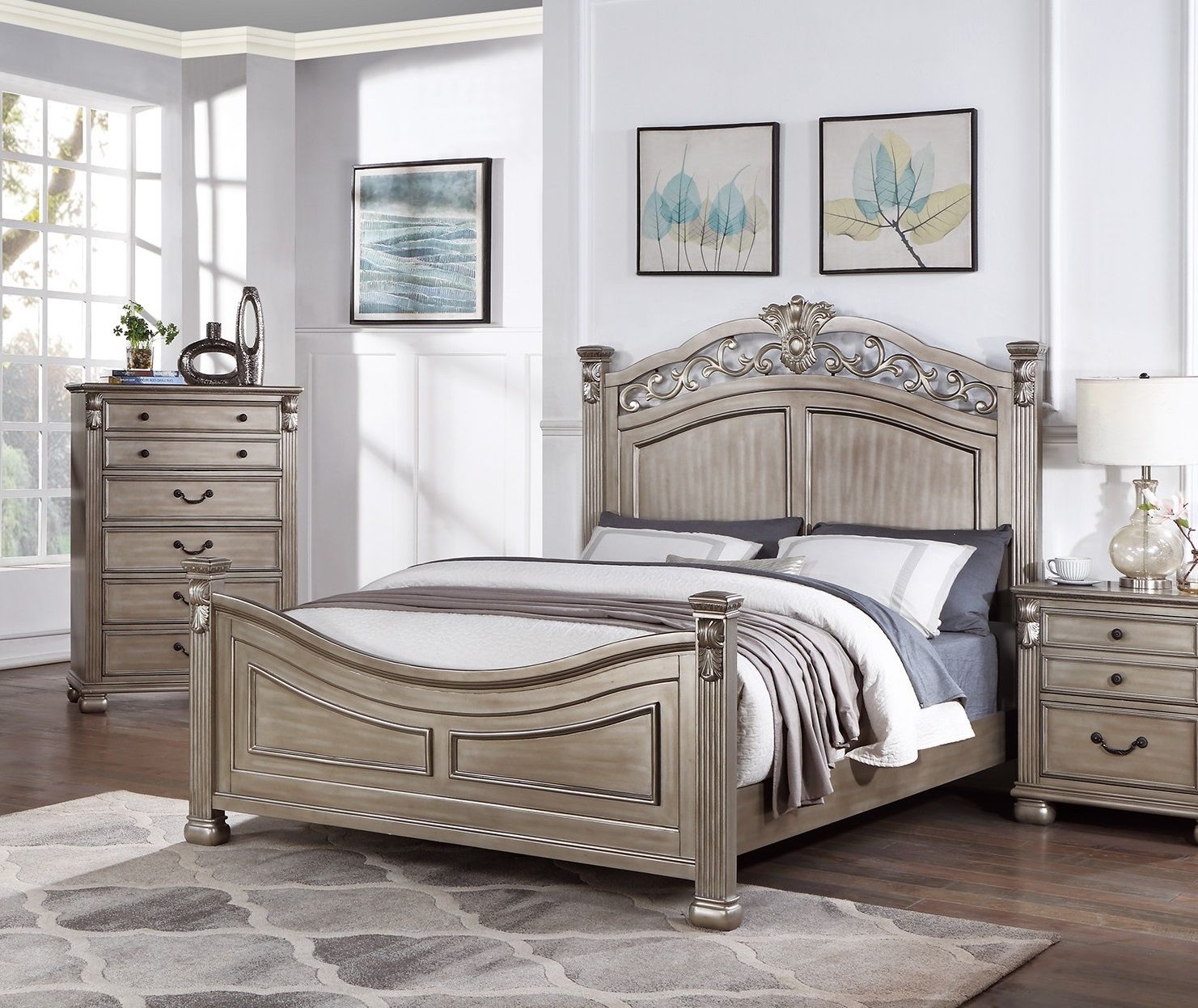 Formal Traditional Antique Silver 1pc California King Size Bed Unique Design Headboard Footboard Bedframe image 3