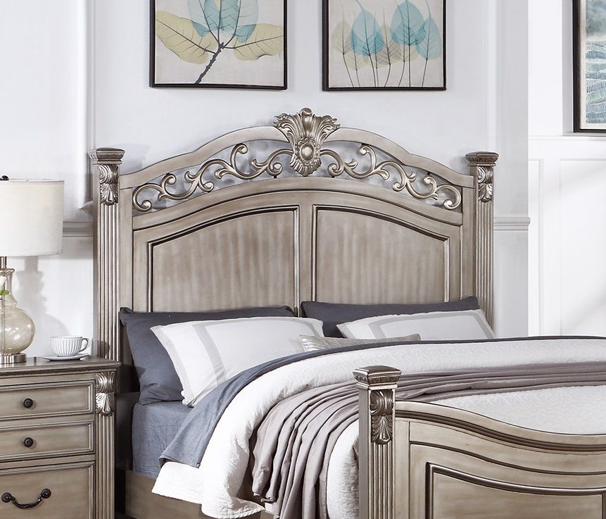 Formal Traditional Antique Silver 1pc California King Size Bed Unique Design Headboard Footboard Bedframe image 5