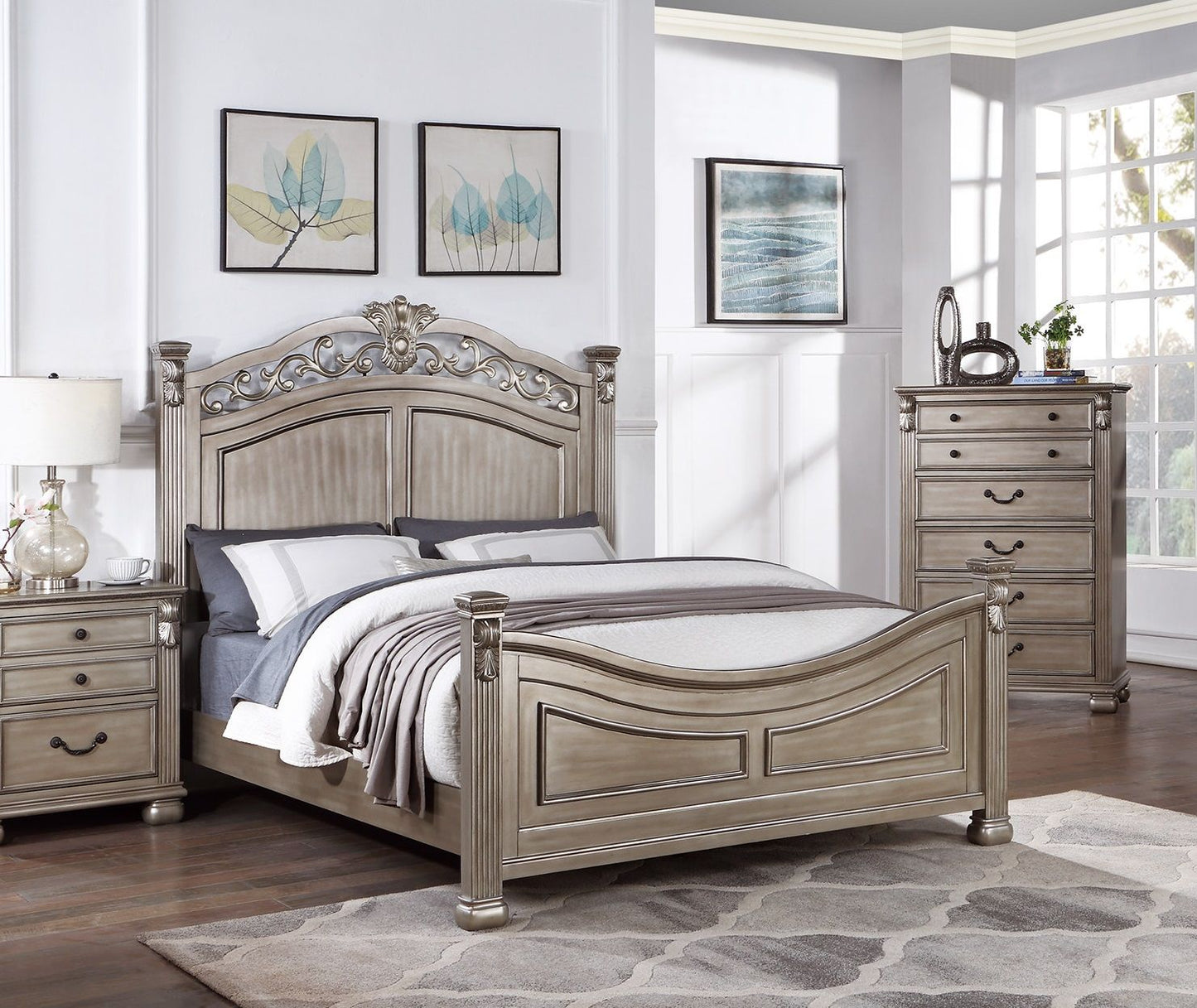 Formal Traditional Antique Silver 1pc California King Size Bed Unique Design Headboard Footboard Bedframe image 2
