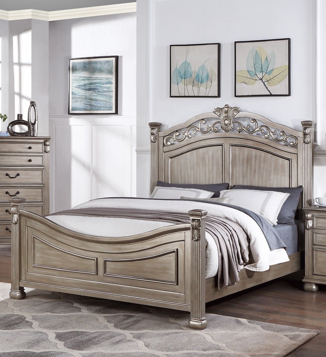 Formal Traditional Antique Silver 1pc California King Size Bed Unique Design Headboard Footboard Bedframe image 1
