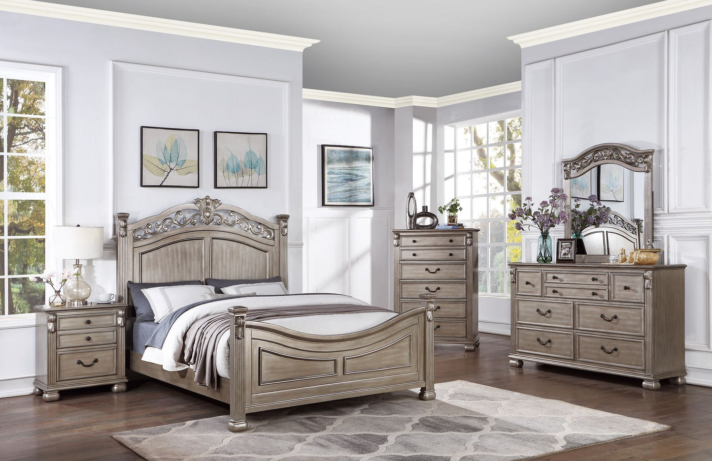 Formal Traditional Antique Silver 1pc California King Size Bed Unique Design Headboard Footboard Bedframe image 8