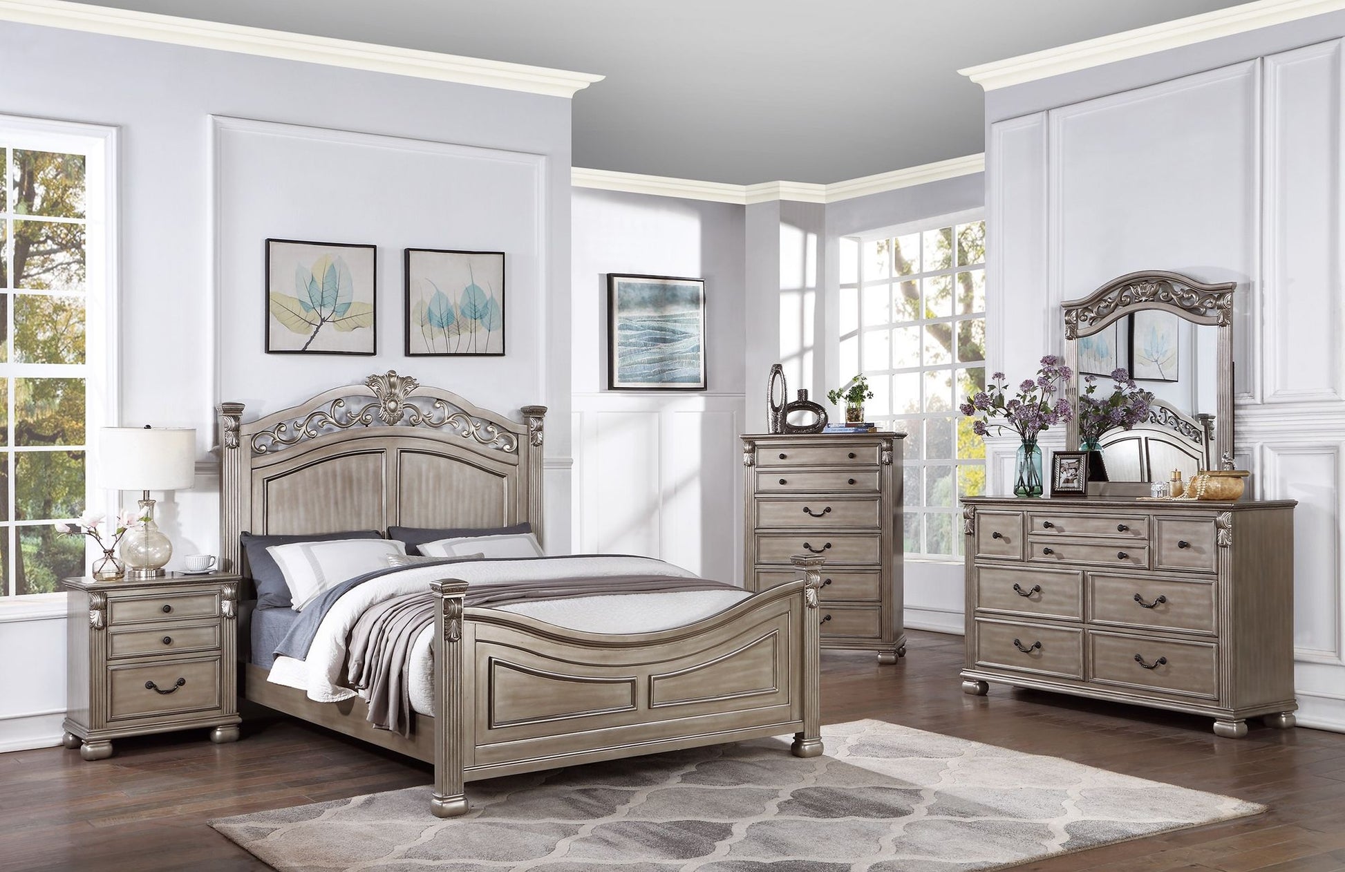 Formal Traditional Antique Silver 1pc California King Size Bed Unique Design Headboard Footboard Bedframe image 8