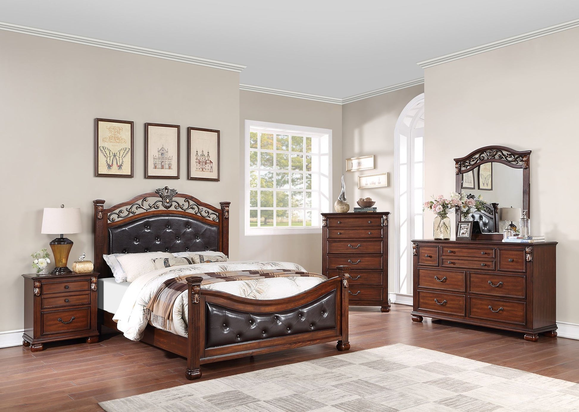 Formal Traditional Dark Cherry 1pc Eastern King Size Bed Tufted Faux Leather Headboard Footboard Bedframe image 6