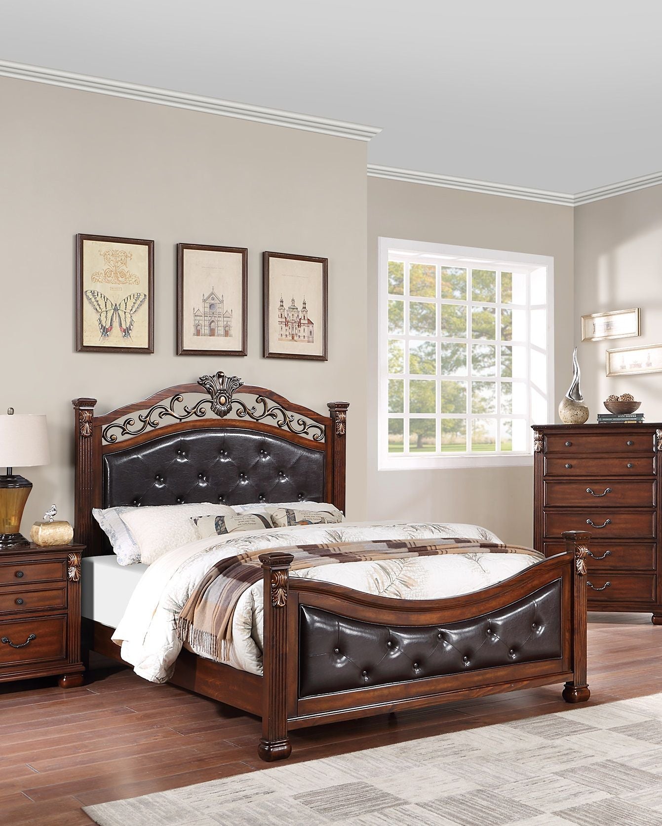 Formal Traditional Dark Cherry 1pc Queen Size Bed Tufted Faux Leather Headboard Footboard Bedframe image 2