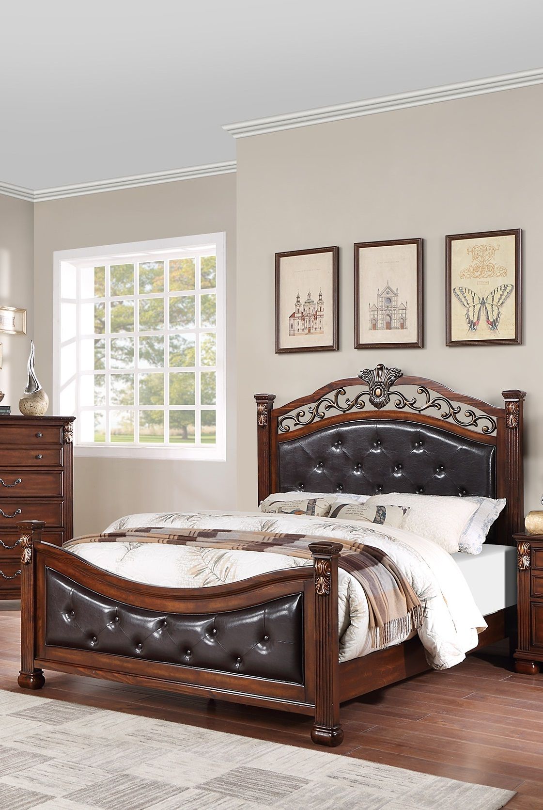 Formal Traditional Dark Cherry 1pc Queen Size Bed Tufted Faux Leather Headboard Footboard Bedframe image 1