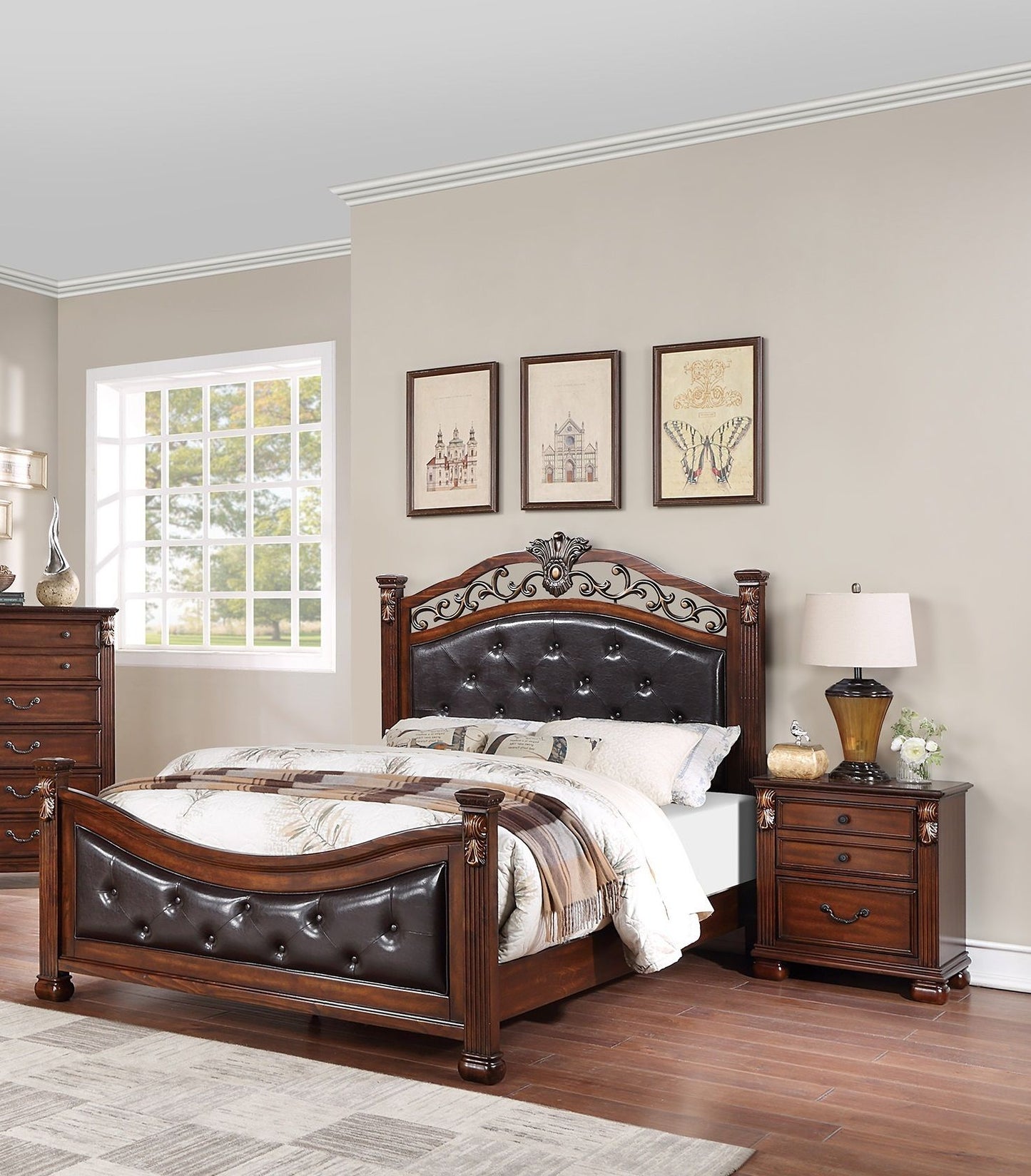 Formal Traditional Dark Cherry 1pc Queen Size Bed Tufted Faux Leather Headboard Footboard Bedframe image 5